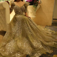 Glitter Lime Green Luxury Dubai Evening Dress for Women - Thumbnail 3