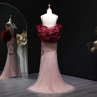Luxury Pink Floral Beaded Evening Dress with Burgundy Shawl  - Thumbnail 5