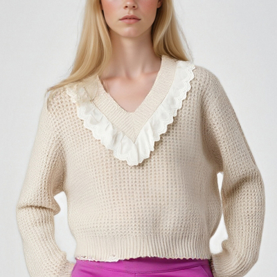 Lace panel v-neck lace pullover knit sweater