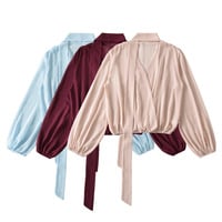 Gentle style ribbon V-neck long-sleeved waisted casual shirt - Thumbnail 4