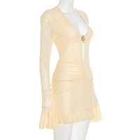 Solid Color Sexy Long Sleeve Deep V Mesh Pleated Short Dress - Thumbnail 6