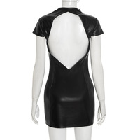 Solid color casual zipper short sleeve open back PU leather short dress - Thumbnail 3