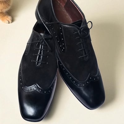 Crafted leather classic men black calf suede leather wingtip dress shoes