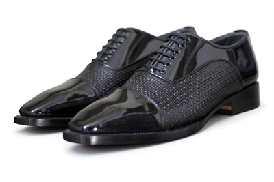 Crafted Leather Classic Black Patent / Woven Leather Oxford Lace up Dress Shoes