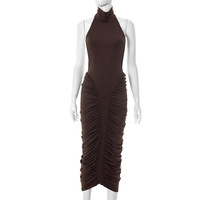 Halter neck high collar gathered hip dress - Thumbnail 5