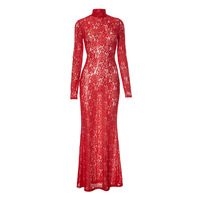 Lace-Panel Half-High Neck Slim-Fit Transparent Sexy Dress - Thumbnail 1