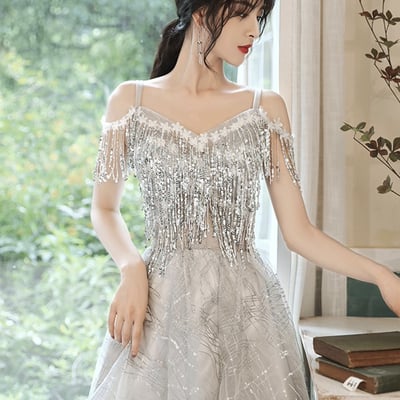 Gray tulle seqins short a-line prom party dress
