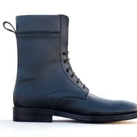 Crafted Leather Classic Men Black Leather Ankle High Lace up Military Long Boot - Thumbnail 2