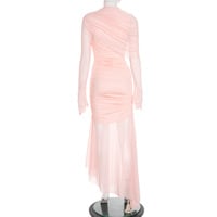 Elegant pink asymmetrical pleated mesh maxi skirt - Thumbnail 3