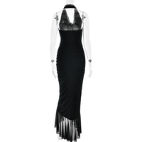 Solid color V-neck irregular hem halter neck pleated dress - Thumbnail 1