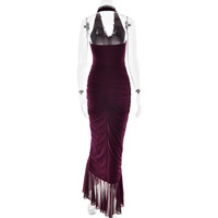 Solid color V-neck irregular hem halter neck pleated dress - Thumbnail 4