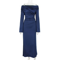 High-end elegant dress long one-shoulder long-sleeved waist dress for women - Thumbnail 4