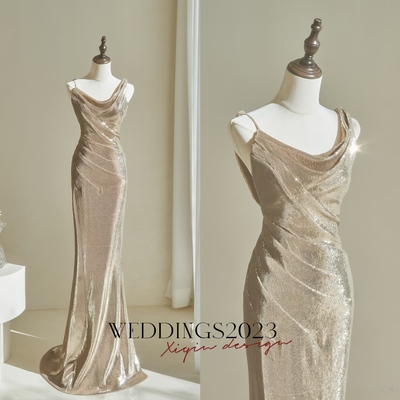 Gold prom dress, mermaid prom dress, sequined prom dress with off shoulder straps, long prom dress with sweethear neckline, evening dress