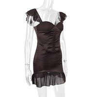 Satin Chiffon Spliced ​​Suspender Dress Square Neck One Shoulder Slim Short Skirt French Dress - Thumbnail 3