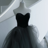 Elegant black velvet mini dress with grey tulle trim - perfect for birthdays, special occasions and evening parties - Thumbnail 6