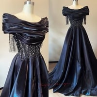 Dark Bule Prom Dress, A-line Prom Dress, Sequined Prom Dress with Off Shoulder Straps, Long Prom Dress with Short Sleeves, Evening Dress - Thumbnail 9