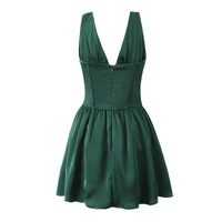 Satin Sexy Fishbone Slim Deep V Neck Sleeveless Mini Dress - Thumbnail 1