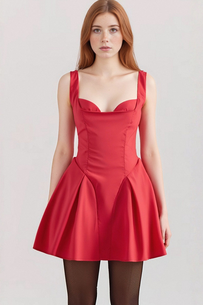 Sexy red satin three-layer three-dimensional steel ring lace splicing puffy dress