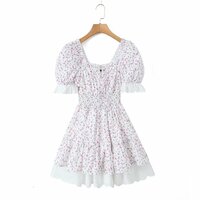 Retro Floral Square Neck Sexy Lace Splicing Elastic Waist Tutu Dress - Thumbnail 3