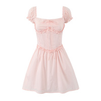 Sexy ruffled square neck bow puff sleeve dress with waist and back straps for girls - Thumbnail 2