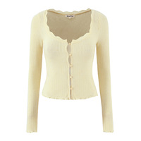 Vintage light yellow lace collar square neck long sleeve cardigan - Thumbnail 2