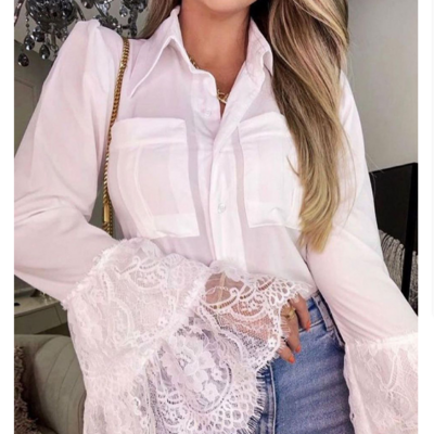 Pocket lace patchwork flared sleeve shirt
