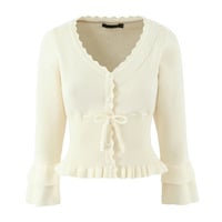 Ruffled V-neck layered ruffled knitted cardigan - Thumbnail 3