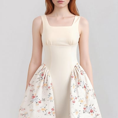 Sexy and fashionable waist-hugging suspender dress with pure floral print