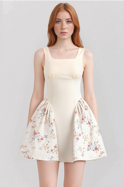 Sexy and fashionable waist-hugging suspender dress with pure floral print