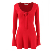 Wave-edge chest tie slim long-sleeved knitted stretch slim dress - Thumbnail 1