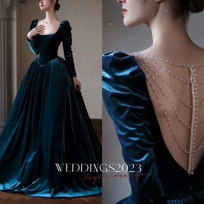 Elegant Velvet Maxi Dress, Square Neck, Full Fitted Sleeves, Lace up Back - Perfect for Bridesmaids or Evening Affairs - Tailor to Your Style