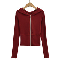 Fashionable and casual threaded ribbed stitching hooded long-sleeved zip-up top sweatshirt - Thumbnail 4