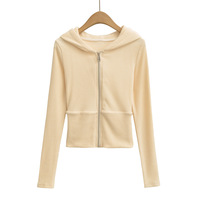 Fashionable and casual threaded ribbed stitching hooded long-sleeved zip-up top sweatshirt - Thumbnail 6