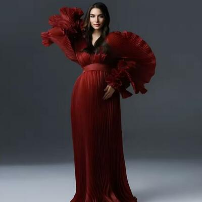 V neck pleated organza maternity dresses for photoshoot long dress for maternity shoot baby shower dresses - Thumbnail 2