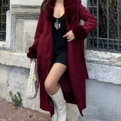 Claret red slim fit fur wrapover coat | elegant winter fashion