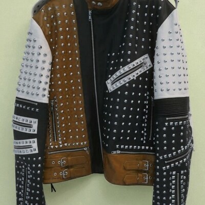 Crafted leather men's fashion biker studded leather jacket