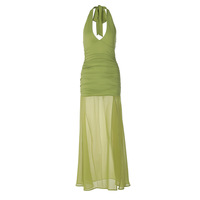 Sexy deep V waist pleated street style long mesh slit halterneck dress - Thumbnail 5