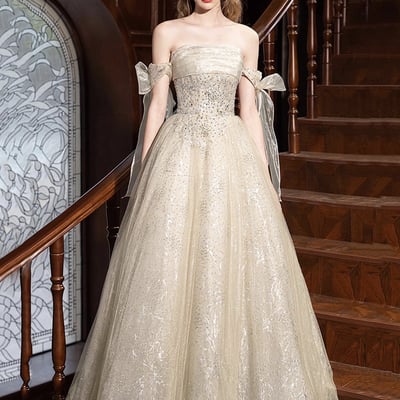 Champagne tulle beads long a-line prom party dress