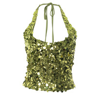Solid Color Sequined Halter V-Neck Zipper T-Shirt Top - Thumbnail 5