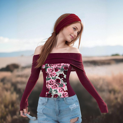 Fashionable and versatile plant print one-shoulder long-sleeved t-shirt top
