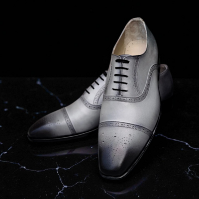 Crafted Leather Handmade Men Gray Patina Black Shaded Leather Dress Shoes