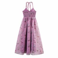 Fashionable and simple organza printed backless halter neck maxi dress - Thumbnail 1