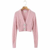Sweet rhinestone slim V-neck cropped sweater - Thumbnail 1