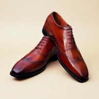 Crafted Leather Classic Men Brown Leather Wingtip Oxford Dress Shoes - Thumbnail 1