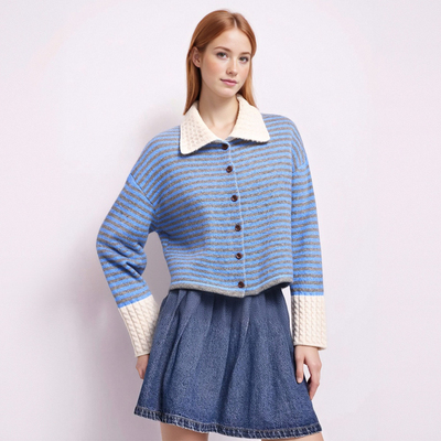 Contrast striped lapel long-sleeved sweater knitted cardigan jacket