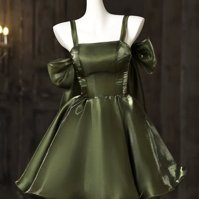 A-line spaghetti strap short prom dress, olive green party dress