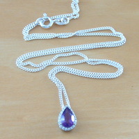 BOXED GIFT SET/Sterling Silver Amethyst & Cz Teardrop Pendant & Chain/Amethyst Necklace/Amethyst Jewellery/Amethyst Jewelry/UK - Thumbnail 1