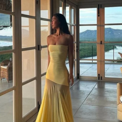 Strapless yellow long mermaid prom dresses for party