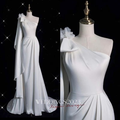 Sexy one shoulder mermaid floor length ivory prom dress with buttons