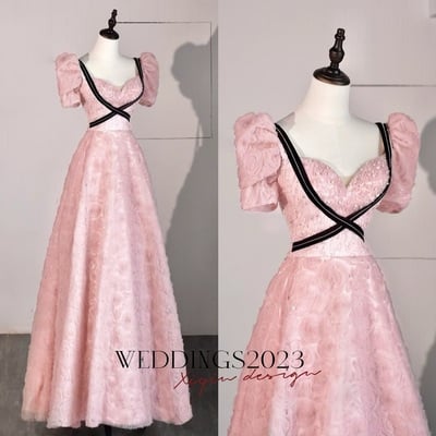 Dreamy pink puff sleeve lace long prom dress, cross black belt waist slimming, elegant and romantic evening dress